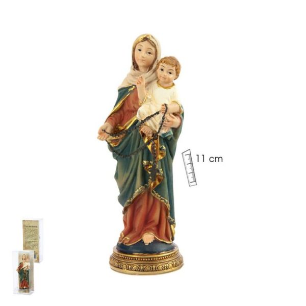 virgen del rosario con el niño en brazos y vestida de rojo y azul y ambos sosteniendo un rosario de cuentas marrones