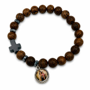Pulsera elástica, Virgen del Carmen, cruz hematites, efecto madera