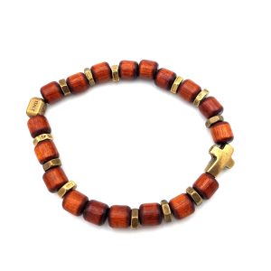 pulsera elastica con cuentas de madera y metal y con cruz