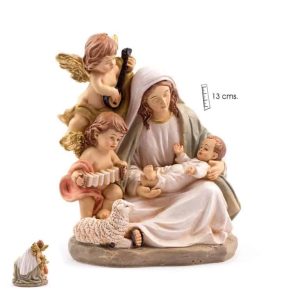 Figura belén, Virgen con el Niño y ángeles músicos, resina pinada, 13 cm