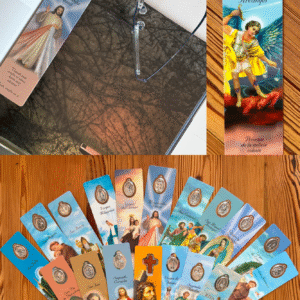Punto de libro con medalla metálica y oración, varias devociones