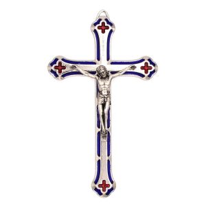 Crucifijo de níquel con detalles en esmalte azul y rojo, 18 cm