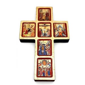 Creu de fusta amb icones bizantins del misteri de Crist