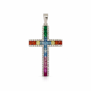 Colgante cruz con circonitas de colores, plata de primera ley 925