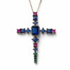 Collar con cruz de cristales azules plata 925 con baño de oro