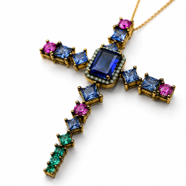 Collar con cruz de cristales azules plata 925 con baño de oro 2