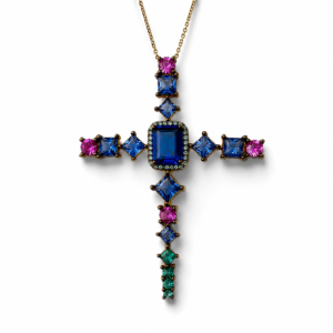 Collar con cruz de cristales azules plata 925 con baño de oro