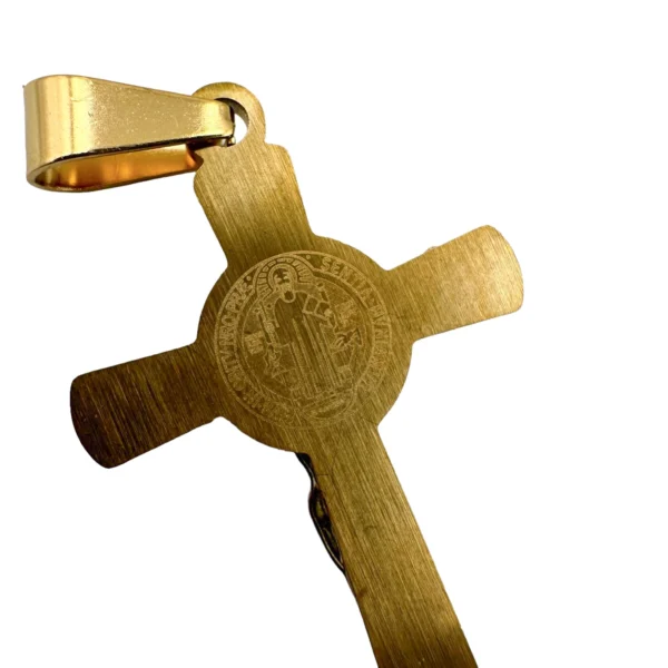 crucifijo san benito acero inoxidable dorado reverso