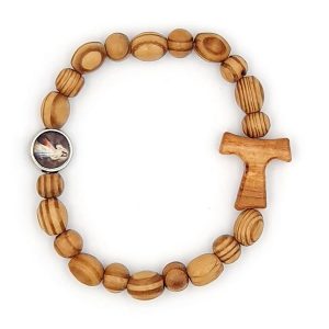 Pulsera cuentas de madera de olivo, Jesús Misericordioso, cruz Tau