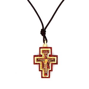 Colgante cruz de san Damián, madera con dorados, con cordón