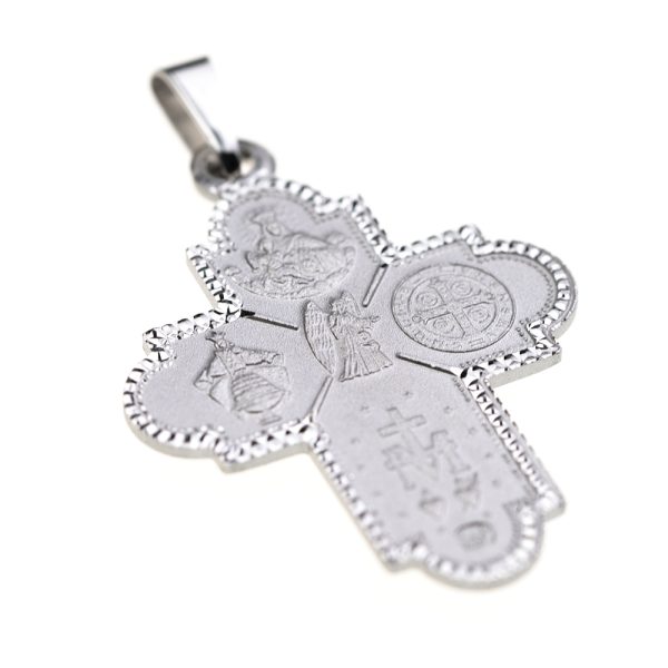 colgante cruz varias devociones plata inclinada reverso