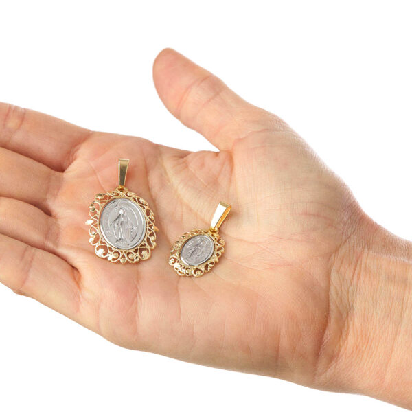 colgante medalla milagrosa estilo calado oro 18k y oro blanco dos medidas modelo