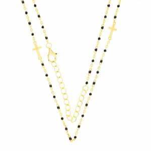 collar cruces cuentas negras baño oro