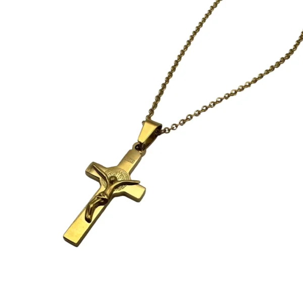 collar crucifijo san benito acero dorado inoxidable