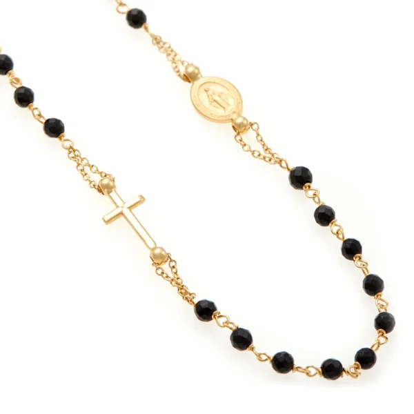 collar oro 18k y cuentas cristal negro detalle cruz y medalla milagrosa