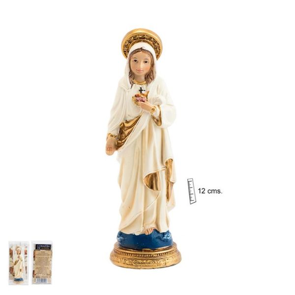 figura de 12cm de resina de la virgen del sagrado corazon con base azul