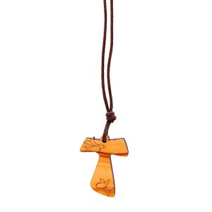 Colgante cruz Tau de madera con dos palomas y cordón
