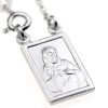 escapulario plateado con cadena y mosqueton y medalla de forma rectangular con imagen de jesucristo en busto señalando su corazon en llamas