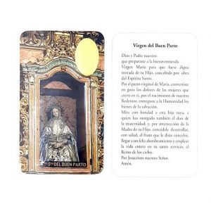 Estampa Virgen del Buen Parto, medalla dorada, plastificada y con oración