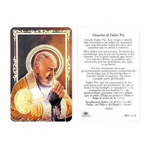 Estampa Padre Pío, medalla dorada, plastificada y con oración