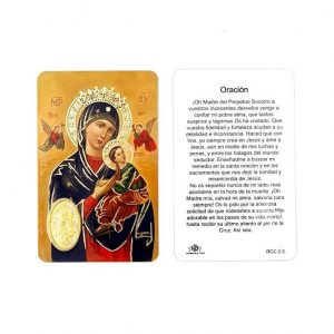 Estampa Virgen del Perpetuo Socorro, medalla dorada, plastificada y con oración