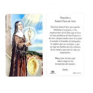 Estampa santa Clara de Asís con medalla dorada, plastificada y con oración