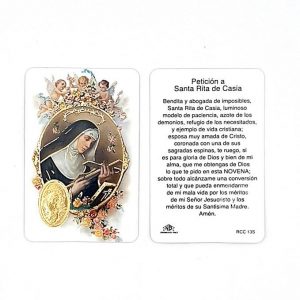 Estampa santa Rita de Casia, medalla dorada, plastificada y con oración