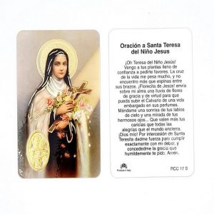 Estampa santa Teresa del Niño Jesús, medalla dorada, plastificada y con oración