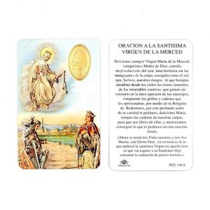 Estampa Virgen de la Merced, medalla dorada, plastificada y con oración