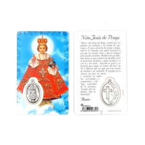 Estampa Niño Jesús de Praga, medalla metálica, plastificada y con oración