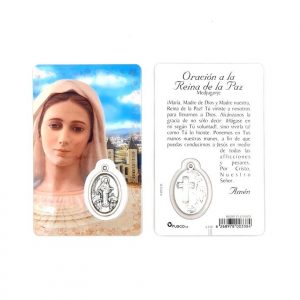 Estampa Reina de la Paz-Virgen de Medjugorje, medalla metálica, plastificada y con oración