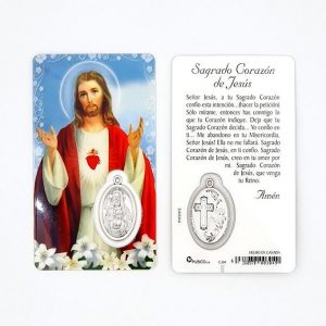 Estampa Sagrado Corazón de Jesús, medalla metálica, plastificada y con oración