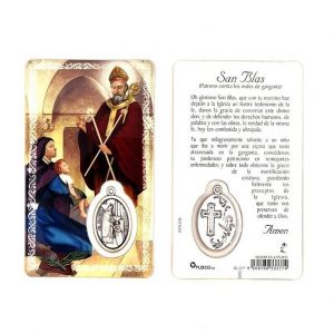 Estampa san Blas, medalla metálica, plastificada y con oración