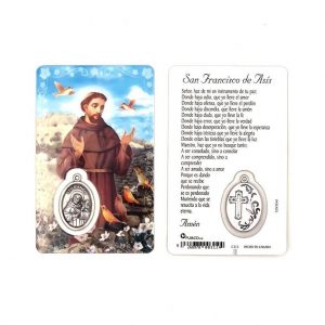 Estampa san Francisco de Asís con medalla metálica, plastificada y con oración