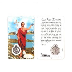 Estampa san Juan Bautista, medalla metálica, plastificada y con oración