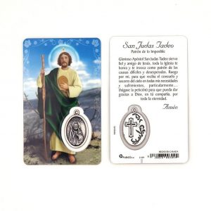 Estampa san Judas Tadeo, medalla metálica, plastificada y con oración