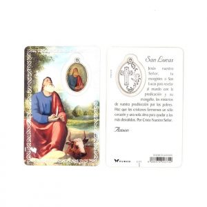 Estampa san Lucas Evangelista con medalla metálica, plastificada y con oración