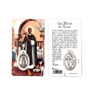 Estampa san Martín de Porres, medalla metálica, plastificada y con oración