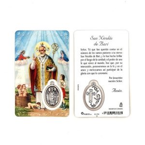 Estampa san Nicolás de Bari con medalla metálica, plastificada y con oración