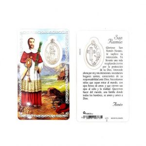 Estampa san Ramón Nonato con medalla metálica, plastificada y con oración