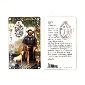 Estampa san Roque peregrino con medalla metálica, plastificada y con oración