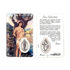 Estampa san Sebastián con medalla metálica, plastificada y con oración