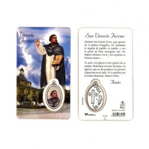 Estampa san Vicente Ferrer con medalla metálica, plastificada y con oración