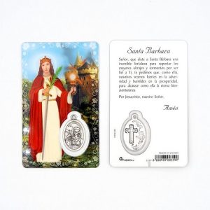 Estampa santa Bárbara, medalla metálica, plastificada y con oración