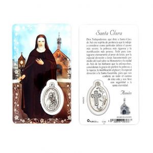 Estampa santa Clara, medalla metálica, plastificada y con oración