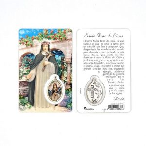 Estampa santa Rosa de Lima con medalla metálica, plastificada y con oración