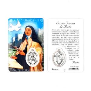Estampa santa Teresa de Ávila con medalla metálica, plastificada y con oración