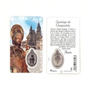 Estampa Apóstol Santiago el Mayor, medalla metálica, plastificada y con oración