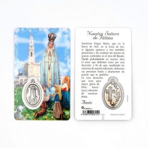 Estampa Virgen de Fátima, medalla metálica, plastificada y con oración