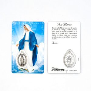 Estampa Virgen Milagrosa, medalla metálica, plastificada y con oración